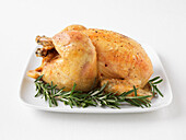 Roast Chicken on Platter With Rosemary Garnish