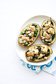 Stuffed Baked Potatoes with Chicken, Cheese, Spinach and Onion