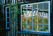 Spiegelungen im Scheunenfenster, Shamper's Bluff, New Brunswick, Kanada