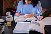 Junge Frau macht sich während des Studiums Stifte und Notizen