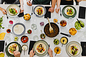 Overhead view of Mexican feast on table