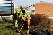 Male and female workers laying cables in trench