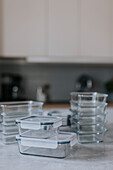 Glass containers on kitchen worktop