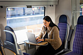 Mittlere erwachsene Frau im Zug bei der Nutzung eines Laptops