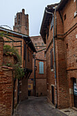 Sainte-Cecile Cathedral of Albi, built in the Southern French Gothic style, a low angle view of the bell tower and narrow streets and old houses. 