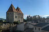 Buildings in the city of Carcassone, with pointed roofs. 