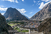 Ollantaytambo, Inca historic terraces and buildings, and view of the town from above in the Andes. 