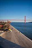 View of Ponte 25 de Abril bridge from MAAT (Museum of Art, Architecture and Technology) roof, designed by the British architect Amanda Levete, Belem, Lisbon, Portugal