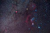 Ein Porträt des Orion und der nördlichen Wintermilchstraße in einer Februarnacht im Jahr 2020. Der Orionnebel ist das helle, überbelichtete rosafarbene Leuchten unterhalb des Gürtels des Orion, während der geschwungene rote Bogen Barnards Loop ist, von dem man heute annimmt, dass er ein Überbleibsel einer Supernova ist. Das helle rote Glühen oben links ist der Rosettennebel. Die rote Betelgeuse war damals auf ihrem Minimum, etwa so hell wie Bellatrix rechts. Normalerweise ist Betelgeuse etwa so hell wie der blau-weiße Rigel unten rechts. In den Nächten danach begann Betelgeuse jedoch wieder he