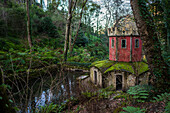 Antikes Entenhaus, das einem Turm ähnelt, im Tal der Seen und kleiner Vogelbrunnen im Park und Nationalpalast von Pena (Palacio de la Pena), Sintra, Portugal