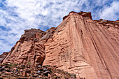 Red cliffs of Talampaya Formation sandstone at the Puerta del Cañon in Talampaya National Park, Argentina.