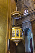 The carved and painted pulpit of the ornate Cathedral of the Immaculate Conception in San Luis, Argentina.