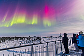 The aurora of February 7, 2014 seen from Churchill, Manitoba at the Churchill Northern Studies Centre, in a view looking southeast over the abandoned Churchill Rocket Range, with the 10-22mm lens. This is taken from the second floor viewing deck at the CNSC. This is a 15-second exposure at f/3.5 and ISO 1600 wth the Canon 60Da camera. Jupiter and Gemini are at top and Orion at lower right. The gibbous Moon is just off the frame at upper right.