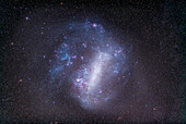 The LMC, Large Magellanic Cloud, taken with 135mm telephoto lens for a field of view similar to binoculars. Taken from Timor Cottage, Coonabarabran, NSW, Australia, Dec 5, 2012. This is a stack of 10 x 5 minute exposures, median combined (to eliminate some satellite trails) at f/2.8 with Canon L-series 135mm lens and the modified Canon 5D Mark II camera at ISO 800. Tracked on AP 400 equatorial mount.
