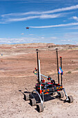 Northeastern University Mars Rover follows a drone. University Rover Challenge, Mars Desert Research Station, Utah. Northeastern University Mars Rover Team, Boston, USA