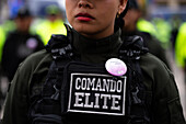 An elite police command officer during the taking command ceremony of Colombian Police Brigadrier General Sandra Patricia Hernandez, in Bogota, Colombia, June 30, 2023.