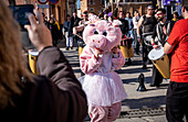 Maskottchen tanzt zum Rhythmus der Batucada. Firaporc, Schweinemesse, Riudellots de la Selva, Katalonien, Spanien