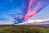 Sunset at the Reesor Ranch, on the edge of the Cypress Hills, on the Alberta-Saskatchewan border, July 4, 2014. This is a high dynamic range stack of 6 exposures at 2/3rds stop intervals, with the Canon 60Da and 10-22mm lens.