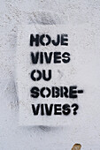 Street painting reads Hoje vives ou sobrevives? / Today do you live or survive?, Sintra, Portugal