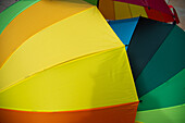 Umbrellas with the LGTBIQ+ Pride flag colors during the international pride parade demonstrations in Bogota, Colombia, July 2, 2023.