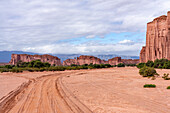 Der erodierte rote Sandstein der Talampaya-Formation aus der Trias im Talampaya-Nationalpark, Provinz La Rioja, Argentinien. Dahinter liegt die Sierra de Sañogasta.