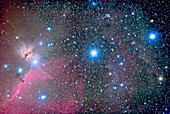 Belt of Orion with Horsehead and Flame Nebulas. Taken Jan 19, 09 with 77mm f/4 Borg astrograph lens (300mm focal length) and Canon 20Da camera at ISO 400 for 4 x 18 minute exposures. On AP Mach 1 mount. Autoguided with SBIG ST402 camera and PHD Guider. Excellent night but lots of snow and sky was good but somewhat lit by snow illumination.