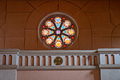 The rose window over the choir of the San Rafael Archangel Cathedral in San Rafael, Argentina.