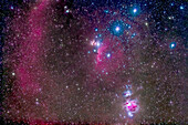 The Belt and Sword region of Orion, with the Orion Nebula, Messiesr 42 and 43, at bottom. Below the left star of the Belt, Alnitak, is the famous Horsehead Nebula, while above it is NGC 2024, aka the Flame Nebula. At very top left is Messier 78, while part of Barnard’s Loop arc across the field at left. The field is filled with other faint red emission and blue reflection nebulas. The large loose open cluster Collinder 70 surrounds the middle star of the Belt, Alnilam.