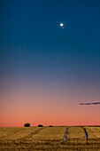 Venus and Mars in close conjunction in the dawn sky on October 5, 2017. Venus is the brightest object; Mars is below it; while the star above Venus is 4th magnitude Sigma Leonis. The foreground is illuminated by light from the setting Full Moon in the west.