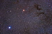 Eine Umrahmung des Feldes um den hellen weißen Stern Altair (unten links) und den orangefarbenen Riesenstern Tarazed darüber, mit dem Dunkelnebelkomplex B142 (untere dunkle Bahn) und B143 (das obere Paar dunkler Bahnen), zusammen bekannt als Barnard's E. Diese befinden sich alle in Aquila.