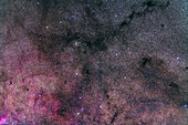 Der wunderschöne offene Sternhaufen NGC 6124 im Skorpion inmitten eines Feldes dunkler Nebel und am Rande einer hellen Sternwolke mit rotem Emissionsnebel. Ich nenne ihn den Dark River Cluster.