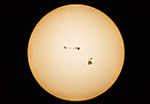 Besonders große Gruppen von Sonnenflecken auf der Sonne am 4. September 2017. Die Gruppe unten ist AR 2673, die Gruppe oben ist 2674. Der kleine Fleck links auf dem auftauchenden Rand ist AR 2677, während die Gruppen, die sich rechts auflösen, AR 2675 (oben) und AR 2776 sind.