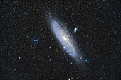 Die bekannte Andromeda-Galaxie, Messier 31, mit ihren Begleitgalaxien. M32, unter ihr und scheinbar eingebettet in die äußeren Arme von M31, und M110 oberhalb von M31. Viele gelbe Riesensterne übersäen das Feld, wie Vordergrundsterne in unserer Milchstraßengalaxie. Norden ist in diesem Bildausschnitt oben.