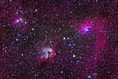 This is a framing of the rich array of nebulas in central Auriga. The complex of star cluster Stock 8 and IC 417 is at upper left. The large nebula at lower centre is IC 410 with the star cluster NGC 1893 embedded in it. The large nebula at right is IC 405, aka the Flaming Star Nebula, with a mix of red emission and blue reflection nebulosity.