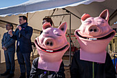 Authorities and mascots during the opening. Firaporc, pig fair, Riudellots de la Selva, Catalonia, Spain