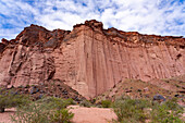 Rote Klippen aus Sandstein der Talampaya-Formation an der Puerta del Cañon im Talampaya-Nationalpark, Argentinien.