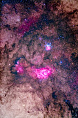 Das spektakuläre Feld der Emissions- und Reflexionsnebel von Messier 8 und 20 im Sternbild Schütze, mit M8, auch Lagunennebel genannt, unten und M20, dem Trifidnebel, oben, alle eingebettet in die reichen Sternenfelder der Milchstraße. Der diffuse Nebel links von M8 ist NGC 6559. Zwei Kugelsternhaufen, NGC 6544 und NGC 6553, befinden sich unterhalb und links (östlich) von M8. Der offene Messier-Sternhaufen M21 befindet sich oberhalb von M20.