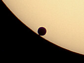 Transit der Venus, 8. Juni 2004, von Luxor, Ägypten aus. Ein einzelnes Bild, aufgenommen während des Eintauchens beim 3. Kontakt, das einen kurzen Blackdrop-Effekt zeigt. Aufgenommen mit einer Sony DSC-V1 Digitalkamera, afokal durch ein 40mm Okular und mit einem 90mm apochromatischen Refraktor, äquatorial montiert und angetrieben. Aufgenommen durch einen Baader-Sonnenfilter, der eine weiße Sonne ergibt. Die gelbe Färbung wurde in Photoshop hinzugefügt.