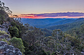 Sunset at Ebor Falls on the Waterfall Way between Armidale and Dorrigo, NSW, Australia. These are the New England Tablelands, but very different from the forests of New England, USA. These are primeval euclalypts, beeches and ferns – a temperate rainforest on the coastal Dividing Range of New South Wales. In this direction we are looking into Guy Fawkes River National Park.