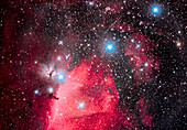 This is the Belt of Orion with its three blue stars across the top of the frame (L to R: Alnitak, Alnilam, and Mintaka), with the iconic Horsehead Nebula (aka B33) below Alnitak, with the dark Horsehead set against the bright nebula IC 434, aka Orion’s Dagger. The pinkish nebula above Alnitak is NGC 2024, the Flame Nebula. The small blue reflection nebula left of the Horsehead is NGC 2023, with smaller IC 435 to the left of it. The field is filled with the large open cluster Collinder 70. The multiple star at bottom left of centre is Sigma Orionis. Many other smaller bits of reflection nebulas