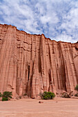The spires of the Gothic Cathedral in the eroded red sandstone wall in Talampaya National Park, La Rioja Province, Argentina.