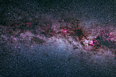 A test image of the northern autumn Milky Way from Cassiopeia at left to northern Cygnus at right. The bright North America Nebula and dark Funnel Clkoud Nebula are at right near Deneb. IC 1396 in Cepehus is at centre.