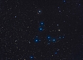 Der Coma Berenices-Sternhaufen, auch bekannt als Mel 111, mit Sternenglühen, das vom Dunst am Himmel hinzugefügt wurde, um die Farben der Sterne zu akzentuieren. Die Edge-on-Galaxie NGC 4565 (die Nadelgalaxie) befindet sich unten links; die Spiralgalaxie NGC 4559 ist oben links. Mehrere andere kleinere NGC-Galaxien befinden sich in dem Feld, das dem Gesichtsfeld eines Fernglases entspricht.