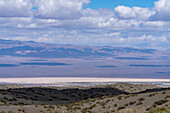The Barreal Blanco or Pampa del Leoncito, a dry lakebed, viewed from El Leoncito National Park in Argentina.