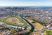 Aerial view from Flemington & West Melbourne looking to the east towards Melbourne, Australia