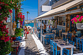 Blick auf eine bunte Taverne mit Blick auf den Hafen von Kos, Kos Stadt, Kos, Dodekanes, Griechische Inseln, Griechenland, Europa