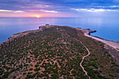 Aerial view of Capo Passero island at sunrise, Portopalo di Capo Passero municipality, Siracusa province, Sicily, Italy, Mediterranean, Europe