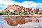 Fortified village of Ait Ben Haddou, UNESCO World Heritage Site, reflected in water of a desert oasis, Ouarzazate province, Morocco, North Africa, Africa