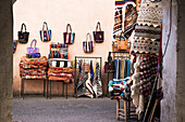 Handicraft bags for sale in the old souks of medina, Marrakech, Morocco, North Africa, Africa