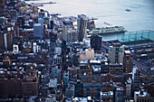 USA, New York, New York City, Aerial view of Chelsea apartment buildings and Hudson river